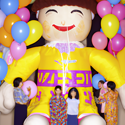 קבוצת אנשים מצטלמים עם בובה ענקית במסיבת יום הולדת.