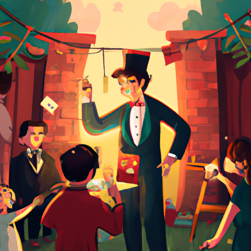 1. תמונה של קוסם מבצע טריק במסיבת יום הולדת תוססת בחצר האחורית